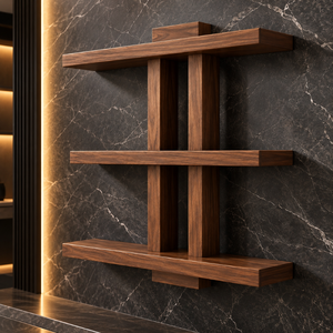 Étagère murale en bois contemporaine à trois niveaux avec grain naturel et design linéaire |   Étagère murale gain de place pour la maison - Product Image 4