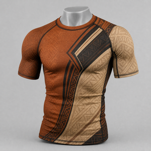 Haut de compression à manches courtes pour homme, respirant, antibactérien, marron beige, motif géométrique, pour le BJJ, le MMA et le grappling - Product Image 6