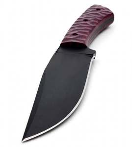 Couteau d'extérieur artisanal sur mesure, revêtement noir, manche en bois texturé violet, lame pleine longueur - Product Image 3