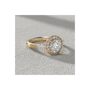 แหวนหมั้นและแหวนแต่งงานแบบวินเทจประดับเพชรทรงกลมเจียระไนแบบ Halo ชุบทองคำชมพู 14K พร้อมเพชรทรงหยดน้ำด้านข้าง - Product Image 1
