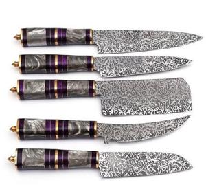 Personalized Traditional Style 5-Piece Damascus Steel Chef <b>Knives</b> with <b>Sharp</b> Serrated Edge Customized Handle for Multi-Purpose - Product Image 1