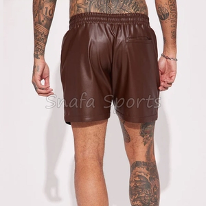 Manufacturer Custom Street Style Casual Leather <b>Short</b> <b>Patch</b> Drawstring Exposed Pockets PU Leather Cargo <b>Shorts</b> for <b>Men</b> - Product Image 2