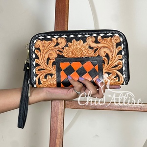 New Arrival Checkered With Sunflower Design Mini Bag Cowhide Hand Tooled Leather Zipper Pattern <b>Ladies</b> Every Day use <b>Wallet</b> - Product Image 1