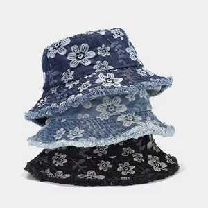 Unisex Floral Denim Bucket Hat Cotton <b>Yarn</b> Hand Embroidery Washed Casual Spring Summer Adult 56-58CM - Product Image 5