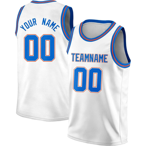 Maillot de basket personnalisé blanc et bleu, sans manches, avec nom et numéro de l'équipe, impression par sublimation, unisexe, adulte, respirant, en polyester - Product Image 4