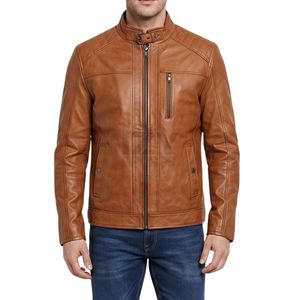 Chaqueta de Cuero Marrón Cognac Minimalista con Cierre de Cremallera Simple en el Pecho, Cremallera Lateral Vertical, Cuello con Pestaña de Botón Estrecha, Chaquetas Elegantes - Product Image 1