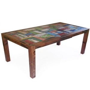 Table à manger DIVADI, modèle carré à pieds fixes, patchwork, bois de bateau recyclé, design durable, écologique, pour intérieur et extérieur - Product Image 4