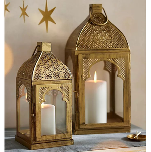 Vintage Gold Lantern Pair Decorative Candle Holders Elegant Ramadan Display Majestic Splendor - Product Image 1