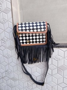 Women's Fringe Handbag Hand Tooled Carving Leather <b>Bag</b> Gypsy <b>Boho</b> Style Black White Checkered Pattern Western Multi Uses <b>Bag</b> - Product Image 5