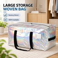 Sacs fourre-tout de rangement réutilisables en tissu tissé PP extra-larges, personnalisés, en argent, avec fermeture éclair robuste, écologiques, organisateurs de voyage, vente en gros