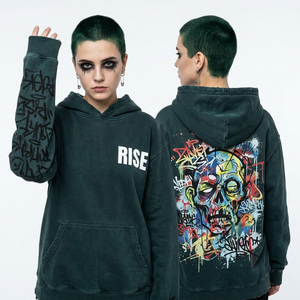 Sudadera con Capucha Coral Naranja Desgastada para Mujer, con Detalle de Telaraña y Pedrería, Gráfico de Zombie Gritando en la Espalda, Estilo Vintage Lavado Ácido, Ropa Urbana - Product Image 3