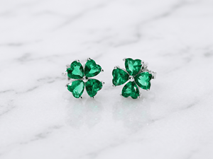 Lab Grown <b>Emerald</b> 14K White Gold Four Leaf Clover Flower <b>Stud</b> Earrings Women Bridal Fine Jewelry - Product Image 6