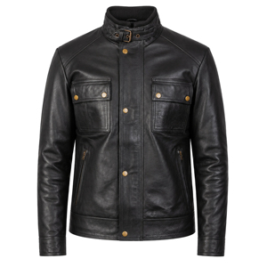 Veste de moto en cuir véritable noir pour homme avec col à boucle, boutons-pression, poches sur la poitrine et poches latérales zippées - Product Image 1