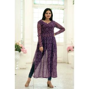 DESIGNER GEORGETTE BADHNI IMPRIMÉ TRAVAIL NAYRA CUT KURTI VIOLET - Product Image 1