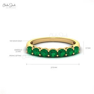 14K Fine Yellow Gold Natural Zambian Emerald Half Eternity Band <b>Ring</b> 3mm Round Cut Gemstone <b>Stacking</b> Wedding Band For Women - Product Image 2