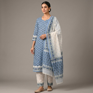 Conjunto de Pijama Kurti Sarong de Algodón con Estampado Floral Blanco y Azul |   Ropa de Playa para Mujer de Alta Calidad con Estampado Artesanal |   Ropa Casual Étnica para Estar en Casa - Product Image 2