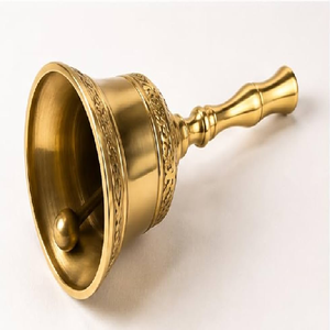 Vintage brass hand bell adorned with intricate rose floral embossing and a wooden display base, available at wholesale prices. - Product Image 3