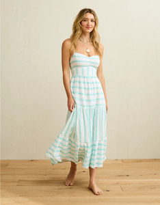 Robe élégante et décontractée pour femmes, bleu et blanc, à rayures florales, asymétrique, taille naturelle, 100% coton tissé, coupe évasée, écologique - Product Image 1