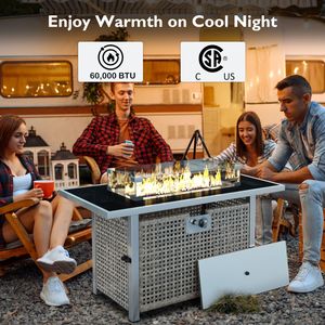 Tavolo con Braciere a Gas Propano K K 43 Pollici, 60000 BTU, Rettangolare, in Vimini Intrecciato con Protezione Vento in Vetro per Bracieri da Patio - Product Image 3