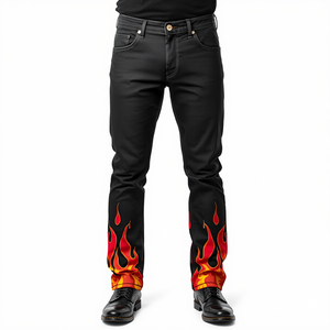 EVOS SPORTSWEAR INDUSTRIES Jeans en denim pour homme à imprimé flamme Coupe ample Fermeture éclair Coton de qualité supérieure Toutes saisons - Product Image 1