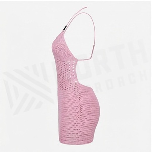 Pink Crocheted Hollow Out Swimdress With <b>Crossed</b> Halter Neckline Women's Beachwear - Product Image 3