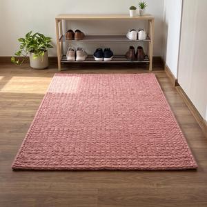 Elegant Blush <b>Pink</b> Solid Color Wool Area Rug, Modern Handwoven <b>Braided</b> Textured Loop Pile Floor Covering for Living Room Bedroom - Product Image 1
