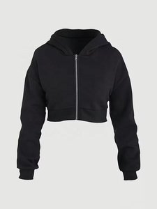 Sweat-shirt à capuche court noir pour femme, couleur unie, décontracté, manches longues, tricoté, 100% coton, pour l'automne - Product Image 1