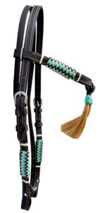 Cabezada de cuero marrón ajustable para equitación con nudos futurity, borla de pelo de cuero natural turquesa trenzada a mano (10) - Product Image 3
