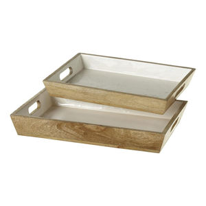 Juego de lujo de 2 bandejas rectangulares de madera de mango con incrustaciones blancas Bandejas de servicio elegantes para hoteles Restaurantes y uso doméstico en la cocina - Product Image 1