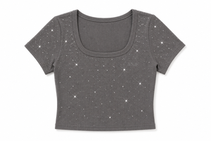 T-shirt vintage Y2K pour femme avec strass, haut côtelé extensible, col rond, manches courtes, coupe ajustée, chemisier décontracté, ajustement élastique - Product Image 3
