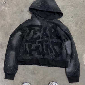 Best-seller, sweat-shirt à capuche en coton 100% avec strass, logo personnalisé brodé, marque privée, streetwear d'hiver unisexe, noir - Product Image 1