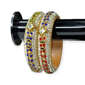 <b>Hot</b> Selling <b>Red</b> Blue Stones Acrylic Bangle Set Pearl Border Gold Plated Trendy Wedding Women's Festive Wear Wholesale Price - Product Image 1