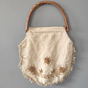 Bolso Tote de Algodón Bordado a Mano con Asa de Madera, Ecológico, Estilo Boho, con Detalle de Flecos, Abierto, para Todas las Temporadas, Bolso de Mano para Mujer - Product Image 1
