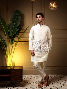 <b>Men</b> White Silk Koti <b>Kurta</b> Pajama Set With Embroidery Regular Fit Traditional Indian Pakistani Knee-Length Wedding Wear - Product Image 1