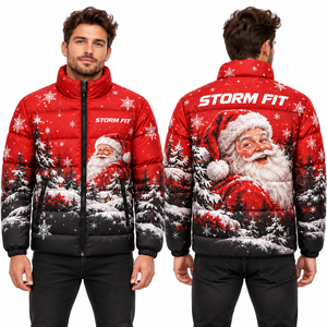 Chaqueta de plumón personalizada para hombre con sublimación de Papá Noel, cortavientos de invierno con cremallera y cuello alto, abrigo informal - Product Image 1
