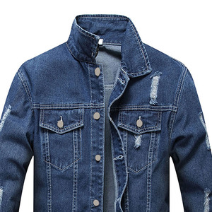 Men's Slim Fit Canvas Jacket Turn-down Collar Frayed Details Casual Winter Wear Regular Length Single Breasted Blue Front - Product Image 2