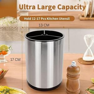 Stainless Steel Cylindrical <b>Utensil</b> <b>Holder</b> 360 Rotating <b>Kitchen</b> Storage Rack for Spoons Spatulas and Cooking Tools - Product Image 5