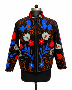 Artisan Brown <b>Velvet</b> <b>Jacket</b> Women Hand Embroidery Bomber Long Sleeve Stand Collar Cotton Lining Winter Coat Boutique Gift - Product Image 1