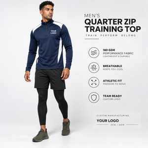 Men's Quarter <b>Zip</b> Training Top Regular Fit Breathable Quick Dry 100% Cotton Sporty Front Logo Stand Collar Eco-Friendly Pocket - Product Image 2
