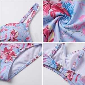 Floral Print Two Piece <b>Bikini</b> <b>Set</b> Women High Waist Crossed Halter Top With Drawstring Bottoms Stretch Swimwear - Product Image 4