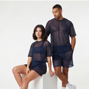 <b>Transparent</b> Mesh Summer <b>Shorts</b> Set <b>Men</b> Women Crew Neck T-Shirt And <b>Shorts</b> Lightweight Drop Shoulder Mesh Tee Tops - Product Image 5