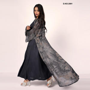 Chiffon Marble Printed Open Front Abaya Style Shrug with Flared Sleeves Modest Wear Full Length Soft Flowing Silhouette - Product Image 3