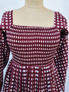 Maroon Cotton Check Maxi <b>Dress</b> Women Smocking Neck Long Sleeve <b>Loose</b> Comfortable Summer Casual Woven <b>Dress</b> - Product Image 1