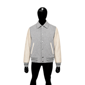 Chaqueta Varsity Urbana Premium Gris con Botones a Presión, Chaqueta Letterman de Lana Suave, Corte Cómodo, Mezcla de Algodón, Corte Regular - Product Image 1