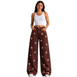 Vaqueros anchos de mezclilla marrón chocolate para mujer con bordado floral, cintura alta, holgados, estilo casual urbano, OEM personalizado - Product Image 1