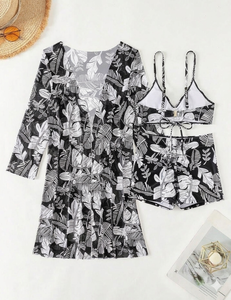 Women’s Tropical <b>Leaf</b> Print 3-Piece Swimwear Set with Cover-Up - Product Image 2