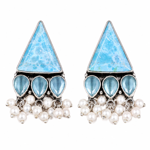 Bulk Price <b>Oxidized</b> Silver Bezel Setting Bohemia Ethnic Flower Pear Cut Onyx Imitation Pearl Tribal Dangle Earrings Women - Product Image 6