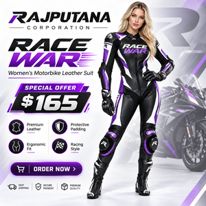 ชุดแข่งรถมอเตอร์ไซค์หนังสำหรับผู้หญิง ยี่ห้อ Rajputana Corporation แบบชิ้นเดียว แขนยาว สีตัดต่อ พร้อมอุปกรณ์ป้องกัน ชุดนักขี่มอเตอร์ไซค์สำหรับสุภาพสตรี - Product Image 1
