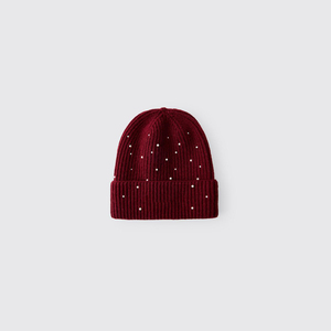 Gorro unisex color burdeos con puntos de diamantes de imitación blancos, gorro de invierno tejido a mano, informal, talla para adultos 56-58CM - Product Image 1