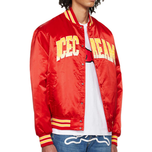 <b>Mens</b> Shiny Satin College Style Bomber <b>Jacket</b> <b>Lightweight</b> Casual Outerwear Ribbed Collar Winter Front Customizable Design High - Product Image 1